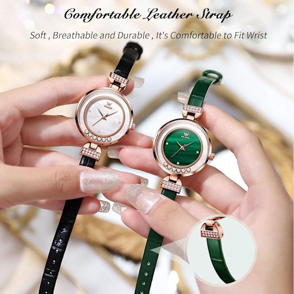 Damklocka Elegant Diamantklocka Dam Analog Kvarts Klocka Vattentät Smaragd Klocka Mode Klänning Klocka med Läderrem Svart Black