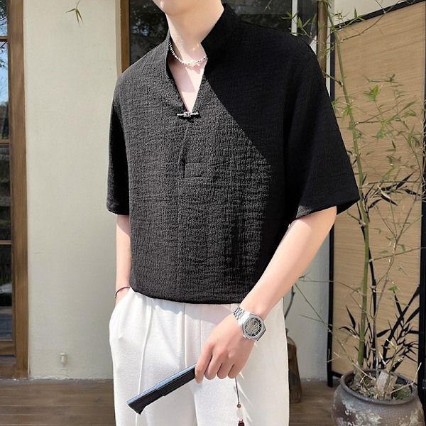 Nya Kinesiska Stil Tunn Pullover Tröja Kort Ärm Mäns Sommar Tunn Mode Märker Fashion Kinesiska Style Halv Ärm Skjorta Män Black XXXL