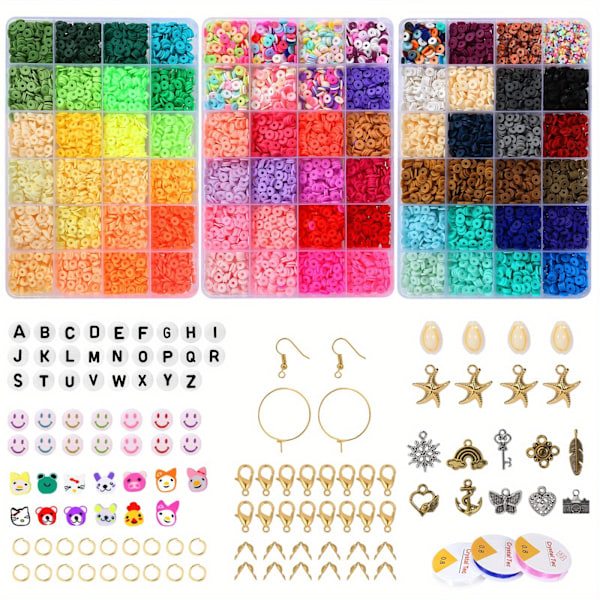 13600 st lerpärlor set för smycken armband halsband gör kit, platta runda polymer lera pärlor med elastisk sträng hängande charm kit