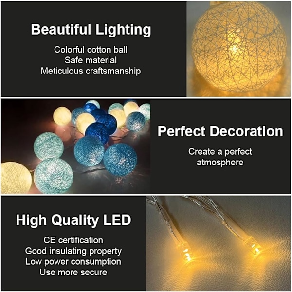 Bomuldsbolde lyskæde, 3,3 m, lysende USB-vævede bolde, 20 LED-lyskæde, farverig LED-lyskæde til børneværelse, jul, bryllupsfest Färg: blå USB