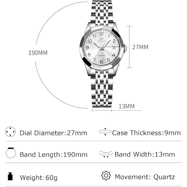 Dames Klassisk Rustfrit Stål Armbåndsur Elegant Analog Kvartsur Kvinder Vandafvisende Ur Lysende Dato Kalender Ur Hvid White