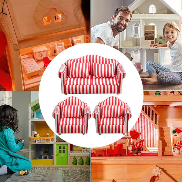 Nukkekodin sohvasetti - 1:12 mittakaava Punainen & Valkoinen Raidalliset Miniatyyri Nojatuolit Lasten Leikkikaluille RED Three piece set