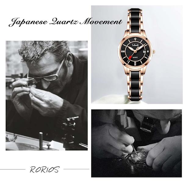 Damklocka i mode, multifunktionell analog kvarts, vattentät, elegant med diamanter, svart Black