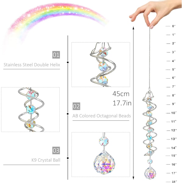 WJ12317,7 tuuman värikäs katseenvangitsija spiraalihäntä, kristalli-tuulikello aurinkosieppari, kaksoisspiraali kahdeksankulmaisilla helmillä ja ketjulla, sateenkaari 9 Colorful Beads