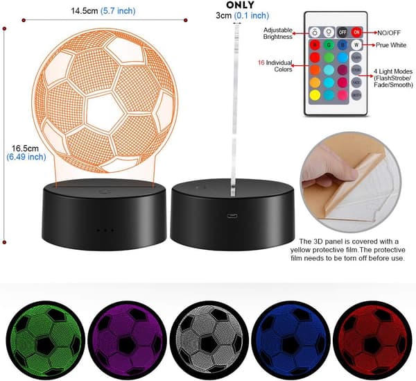 Fodbold 3D LED natlampe til børnepige, 3D optisk illusion L