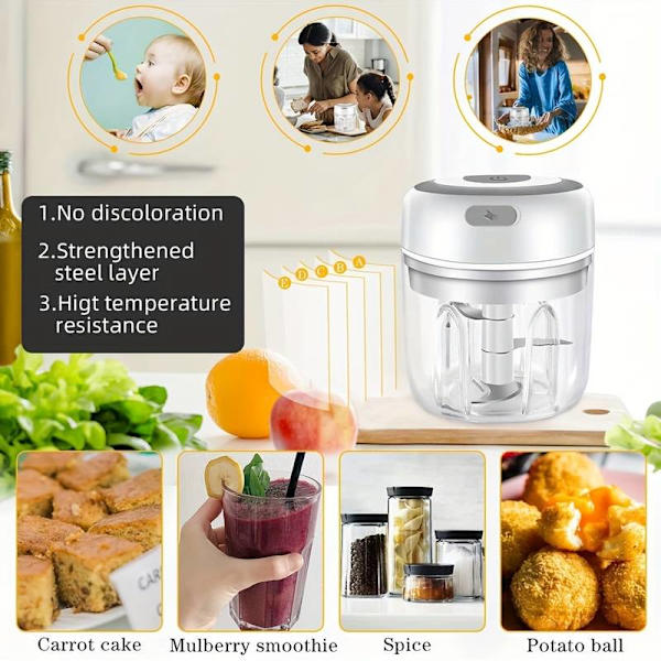 1 st 250 ml kapacitet, USB-laddningsbar matlagningsmaskin, köksvitlöksblandare, elektrisk strimlare, liten automatisk matlagningsmaskin