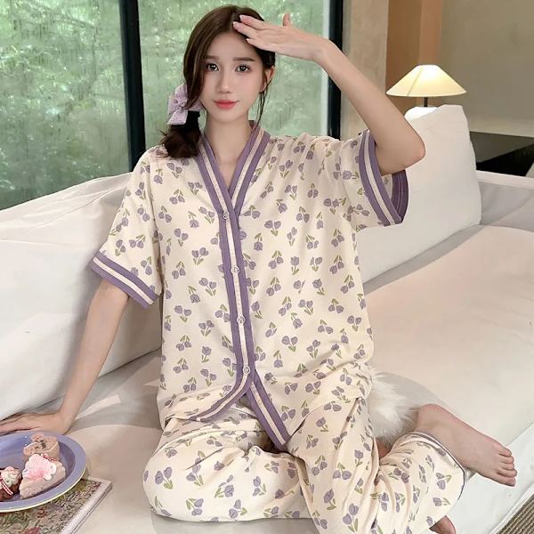 2 st/set Stora koreanska version av den casual klassiska söta lilla blommiga pyjamas kortärmade långbyxor svåra hemmakläder 2307 2XL