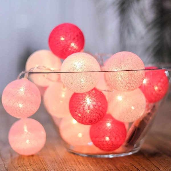 Bomuldsbolde lyskæde, 3,3 m bomuldsbolde lyskæde, 20 LED-bolde lyskæde, lyskæde, LED-lyskæde til børneværelse, soveværelse, jul, bryllup, fest ROSA USB