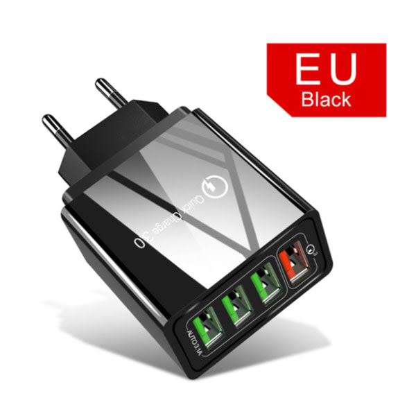 Svart 33W USB-lader QC 3.0 4-porters USB-lader Flere USB-ladere Kompatibel med iPhone 12/13/11/Samsung S22/S21/S20/Xiaomi/Huawei/OPPO/OnePlus et