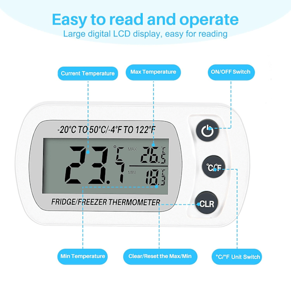 Digital Frysertermometer - Vandafvisende med Max/Min Display, Krog (Hvid)