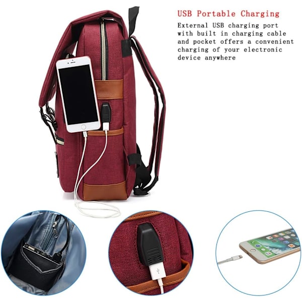 Vintage-reppu kannettavalle tietokoneelle, jossa USB-latausportti, tyylikäs vedenkestävä