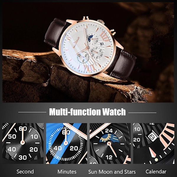 Monitoiminen miesten kello Business Analog Quartz Watch Urheilukronografi Rannekello 3ATM Valoisa kello, Whtie Brown a, L, Ranneke