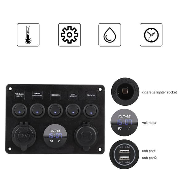 5-veis 12V/24V Inline sikringsboks LED-bryterpanel Dobbel USB Bil Båt Lastebil_maks
