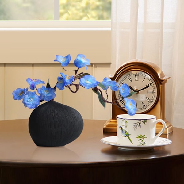 Keramisk blomkruka – geometrisk formarrangemang, vit dekorativ kruka för mantel, bokhylla Svart vas + blå körsbärsblommor