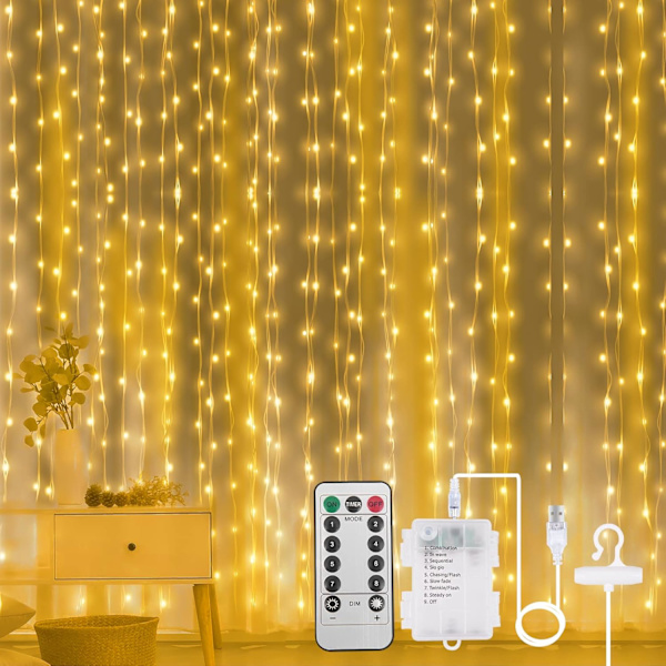 3x3m LED-gardinljusslinga, USB/Batteri, Fjärrkontroll, 8 lägen, Vattentät, Bröllop/Juldekoration USB+Battery Powered（Warm White）