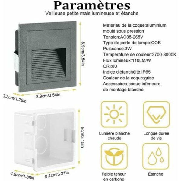 3W LED infälld vägglampa, kallvit IP65 vattentät trappljus, stegljus, aluminium, dekoration inomhus ut