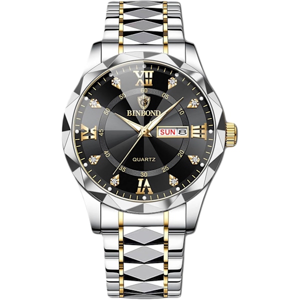 Elegant Kvarts Armbåndsur for Menn Klassisk Rustfritt Stål Herreklokke Diamant Vannresistent Klokker Multifunksjonell Forretningsklokke for Menn Gull Svart A Gold Black A
