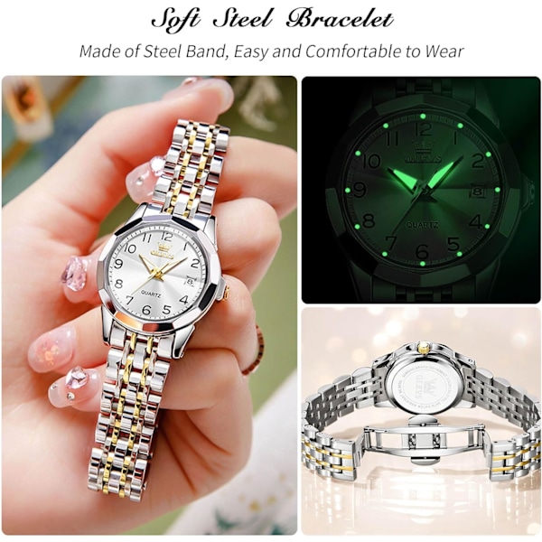 Damklocka i Klassisk Rostfritt Stål Elegant Analog Kvartsur Damklocka Vattentät Klocka Luminous Datum Kalender Klocka Vitguld White gold