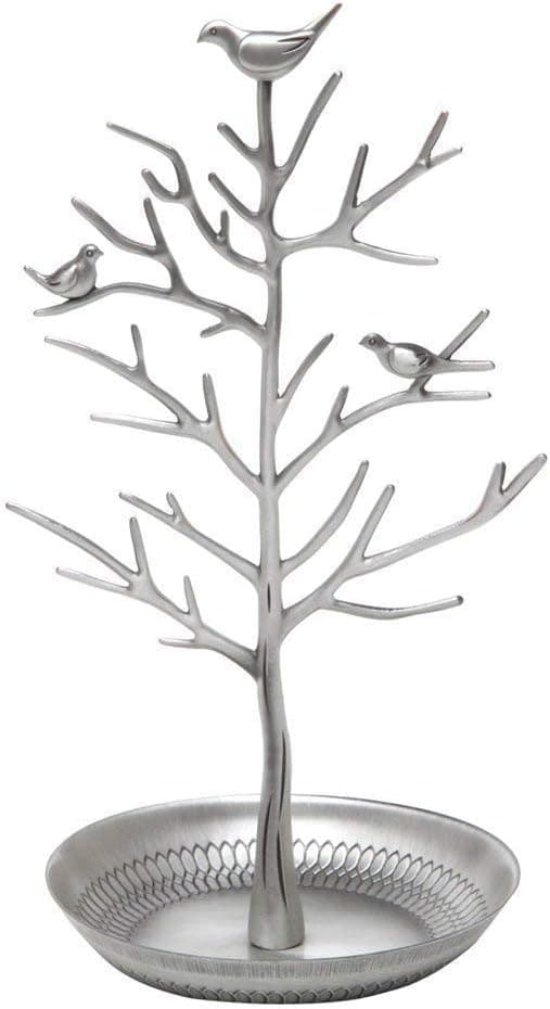 Smykkeholder øreringeholder ring display fugle træ halskæde arrangør (antik sølv)_max