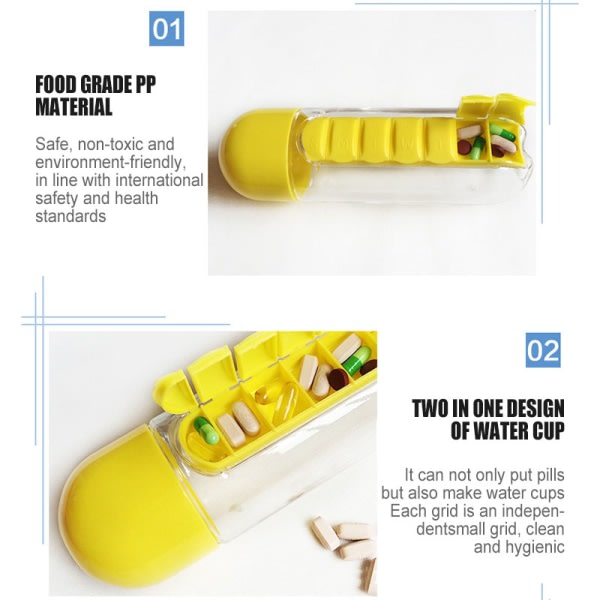 Fri resefri 7-dagars pillerkopp 2-i-1 vattenflaska 600ml med pillerbox arrangör reseanvändning svart