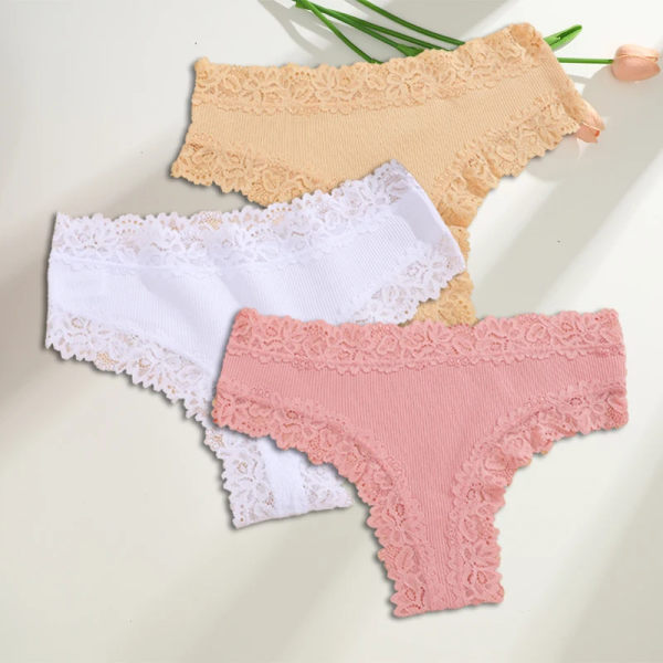 3st/set Bomull brasilianska underkläder för kvinnor Sexiga spetsribbade blomstringtrosor Kvinnliga Andas Solid T-back Bikini S- SET 13 XL