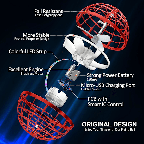 Flygende ballleker, Hover Orb, Globe Shape Magic Controller Mini Drone, RGB Lights Spinner 360 roterende snurrende UFO-leketøy for barn voksne (rød)