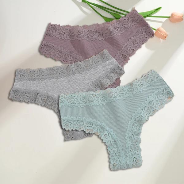 3st/ set Bomull brasilianska underkläder för kvinnor Sexiga spetsribbade blomstringtrosor Kvinnliga Andas Solid T-back Bikini S- SET 6 XL