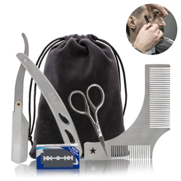 SQBB Premium skäggvårdssats för män med rakkniv och skäggstylingmall