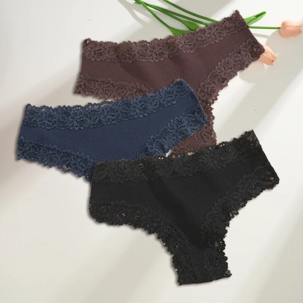 3st/sæt Bomuld brasilianske underbukser til kvinder Sexede blonde ribbede blomstertrusser Kvindelige Åndbare Solid T-back Bikini S-XL
