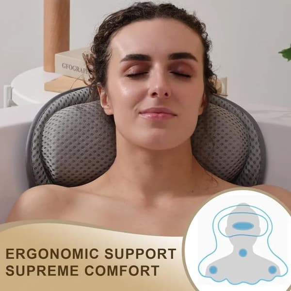 Lollanda Bath Pillow - Ergonomic Neck & Back Support, 4D Air Mesh, with 6 Suction Cups Grå