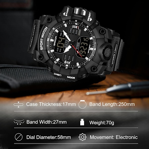 Mænds Mode Sports Armbåndsur Multifunktionelt Elektronisk Ur Digitalt Kvartsur Dobbelt Display Ur til Dreng 50m Vandafvisende Sort B Black B
