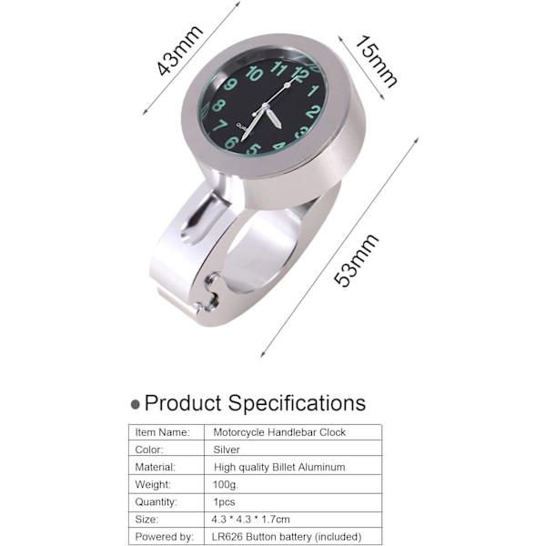 Motorsykkelklokke, 1 stk sølv luminiscerende motorsykkel vanntett ratt glødende klokke monteringsklokke vanntett universell 32 mm