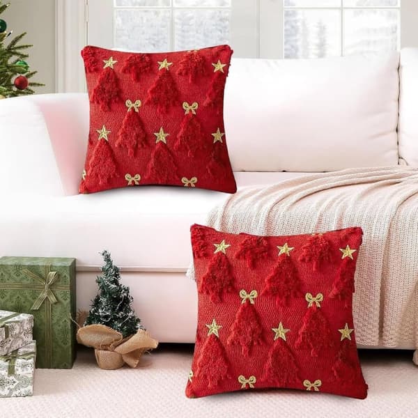 2-pack Juliga Kuddfodral 45×45 cm – Röd Med 3D Broderad Gran, Stjärnor & Rosetter – Vintermys för Soffa & Sovrum – Dolda Dragkedjor