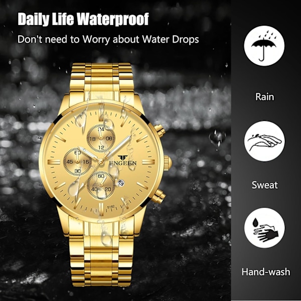 Fritids Analog Kvarts Armbandsur Herrar Affärsur Mode Datum Kalender Vattentät Luminous Watch Rostfritt Stål Armband för Män Guld Gold