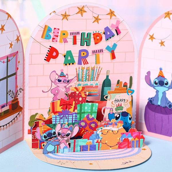 Stitch firar födelsedag gratulationskort kreativt dubbeldörr pop up 3D-kort Boojiboo & Angel födelsedagskort födelsedagspresenter GXT-018