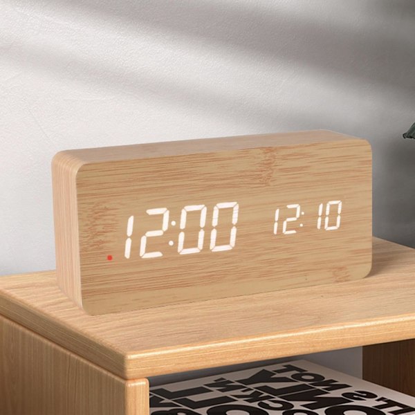 Snygg Träväggklocka med Smart Alarm, LED-Display, Justerbar Ljusstyrka för Sovrum bamboo color
