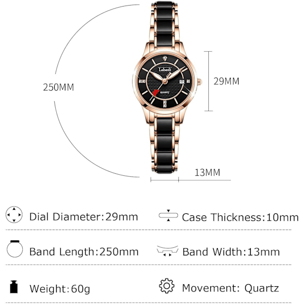 Damklocka i mode, multifunktionell analog kvarts, vattentät, elegant med diamanter, svart Black