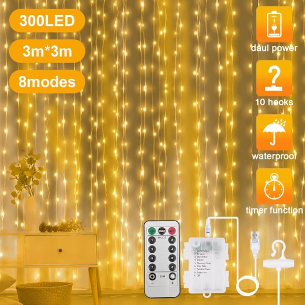 3x3m LED-gardinljusslinga, USB/Batteri, Fjärrkontroll, 8 lägen, Vattentät, Bröllop/Juldekoration USB+Battery Powered（Warm White）