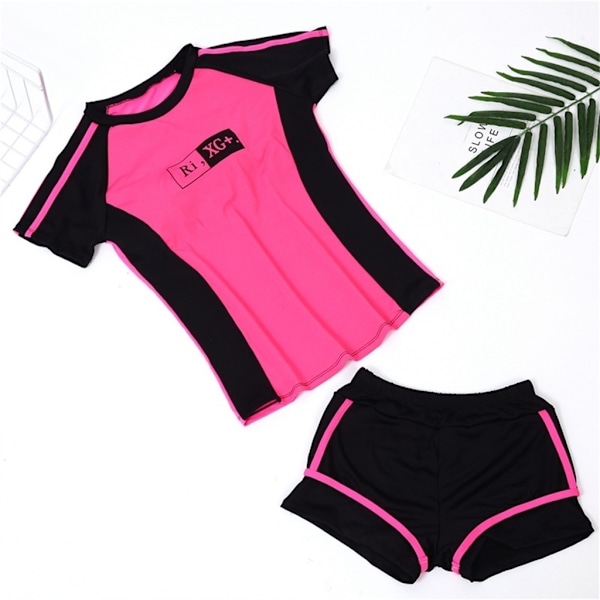 Naisten lyhythihainen Rashguard poikashortseilla Kaksiosainen jaettu uimapuku Opiskelijat Vatsan hallinta Uima-asu lomalle Ruusunpunainen L Rose red L