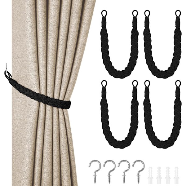 Bomulstogreb Gardinbindere, 4-pak Håndstrikket Gardinholdere, Off White Black-4 pcs