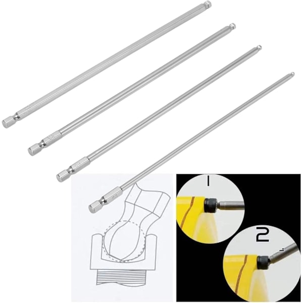 Hexskruetrækkerbits med kuglehoved, 4 stk. Hexskruetrækkerbitsæt S2 Stålmagnetisk metrisk kuglehoved sekskantbits 1/4 tommer sekskantskaft (200 mm) 200mm