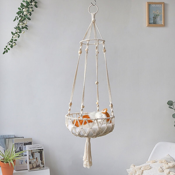 Macramé katthängmatta i trä och vävt bomullsrep för upphängning (30*100cm)