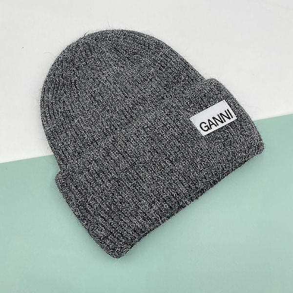 Strikket herre- og damehue Ganni Vinter varm hue Manchetstrikket stretch beanie hat Dark gray