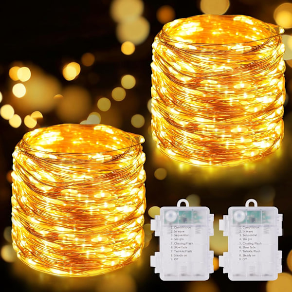 Batteridrevne Feelykter, 10m 100 LED Varmt Hvit, 8 Moduser for Høytidsdekor 2 pcs