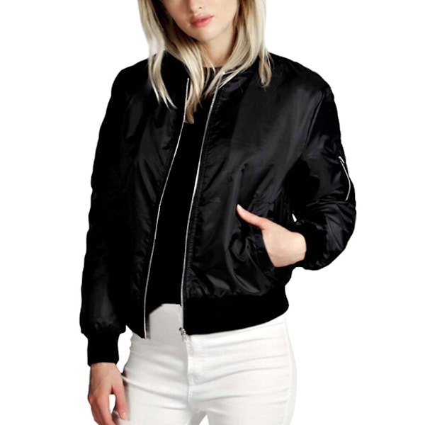 Yynuda Klassisk Solid Biker Zip Up Crop Bomber Jakke Frakke Sort L Black L