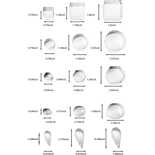30 små kakformar för att skära polymerlera, smördeg, pajskal och frukt - stjärna, blomma, hexagon, hjärta, kvadrat, triangel, oval, metallkakform