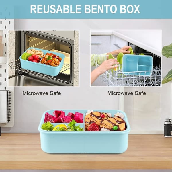 Lunchlåda för vuxna, 1200 ml Bento-låda för barn med 3 fack, läckagesäker Bento-lunchlåda med bestick, grön (blå)