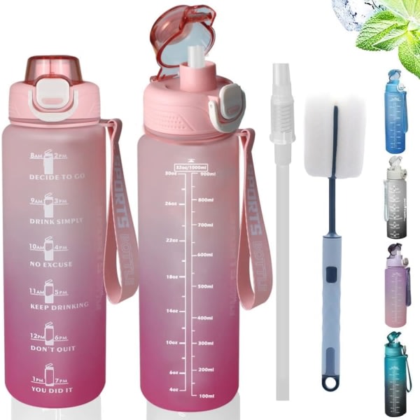 Vattenflaska, 1 liters sportvattenflaska med sugrör, tidsmarkör och cover, läckagesäker, BPA-fri tritan, giftfri plastdricksflaska rosa rosa