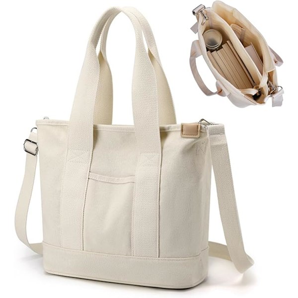 Håndveske i canvas, tote bag dame skulderveske dame, canvas tote bag skulderveske shopper med glidelås for hverdagsbruk, skole, shopping, arbeid, reise Vit