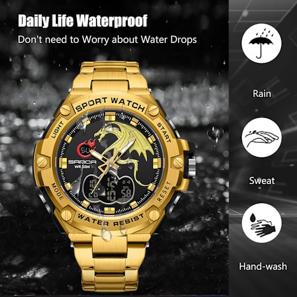 Herrar Dubbel Display Klocka 5 ATM Vattentät Digital Analog Militär Rostfritt Stål Svart Guld black gold